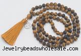 GMN2027 Knotted 8mm, 10mm matte yellow tiger eye 108 beads mala necklace with tassel & charm