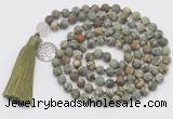 GMN2031 Knotted 8mm, 10mm matte rhyolite 108 beads mala necklace with tassel & charm