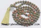 GMN2032 Knotted 8mm, 10mm matte unakite 108 beads mala necklace with tassel & charm