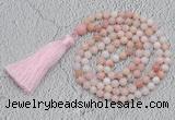 GMN218 Hand-knotted 6mm pink opal 108 beads mala necklaces with tassel