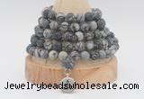 GMN2227 Hand-knotted 8mm, 10mm matte black water jasper 108 beads mala necklace with charm