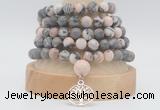 GMN2232 Hand-knotted 8mm, 10mm matte pink zebra jasper 108 beads mala necklaces with charm