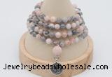 GMN2410 Hand-knotted 6mm pink zebra jasper 108 beads mala necklace with charm