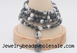 GMN2411 Hand-knotted 6mm black & white jasper 108 beads mala necklace with charm