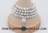 GMN2418 Hand-knotted 6mm white howlite 108 beads mala necklace with charm