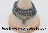 GMN2431 Hand-knotted 6mm eagle eye jasper 108 beads mala necklace with charm