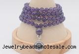 GMN2437 Hand-knotted 6mm amethyst 108 beads mala necklace with charm