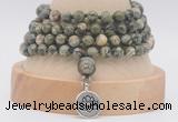 GMN2472 Hand-knotted 6mm rhyolite 108 beads mala necklaces with charm