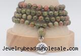 GMN2473 Hand-knotted 6mm unakite 108 beads mala necklaces with charm