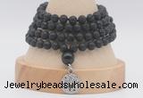 GMN2477 Hand-knotted 6mm black lava 108 beads mala necklaces with charm