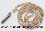 GMN2602 Hand-knotted 8mm, 10mm matte yellow crazy agate 108 beads mala necklace with pendant