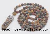 GMN2608 Hand-knotted 8mm, 10mm matte picasso jasper 108 beads mala necklace with pendant