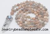 GMN2623 Hand-knotted 8mm, 10mm matte sunstone 108 beads mala necklace with pendant