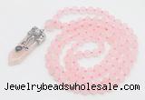 GMN2625 Knotted 8mm, 10mm matte rose quartz 108 beads mala necklace with pendant