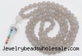 GMN2627 Knotted 8mm, 10mm matte grey agate 108 beads mala necklace with pendant