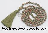 GMN303 Hand-knotted 6mm unakite 108 beads mala necklaces with tassel & charm