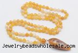 GMN4005 Hand-knotted 8mm, 10mm yellow banded agate 108 beads mala necklace with pendant