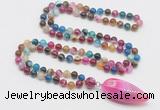 GMN4011 Hand-knotted 8mm, 10mm colorful banded agate 108 beads mala necklace with pendant