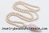 GMN4020 Hand-knotted 8mm, 10mm white fossil jasper 108 beads mala necklace with pendant