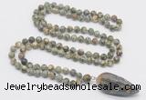 GMN4027 Hand-knotted 8mm, 10mm rhyolite 108 beads mala necklace with pendant