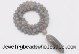 GMN4060 Hand-knotted 8mm, 10mm grey agate 108 beads mala necklace with pendant