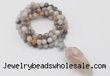 GMN4064 Hand-knotted 8mm, 10mm bamboo leaf agate 108 beads mala necklace with pendant