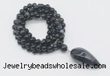 GMN4068 Hand-knotted 8mm, 10mm black banded agate 108 beads mala necklace with pendant