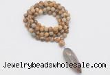 GMN4078 Hand-knotted 8mm, 10mm picture jasper 108 beads mala necklace with pendant