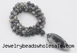 GMN4079 Hand-knotted 8mm, 10mm black water jasper 108 beads mala necklace with pendant