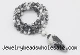 GMN4080 Hand-knotted 8mm, 10mm black & white jasper 108 beads mala necklace with pendant