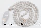 GMN4210 Hand-knotted 8mm, 10mm matte white crazy agate 108 beads mala necklace with pendant