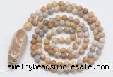 GMN4212 Hand-knotted 8mm, 10mm matte fossil coral 108 beads mala necklace with pendant