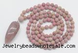 GMN4214 Hand-knotted 8mm, 10mm matte pink wooden jasper 108 beads mala necklace with pendant