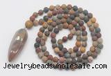 GMN4216 Hand-knotted 8mm, 10mm matte picasso jasper 108 beads mala necklace with pendant