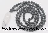 GMN4222 Hand-knotted 8mm, 10mm matte black labradorite 108 beads mala necklace with pendant