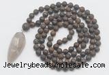 GMN4223 Hand-knotted 8mm, 10mm matte bronzite 108 beads mala necklace with pendant