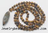 GMN4229 Hand-knotted 8mm, 10mm matte yellow tiger eye 108 beads mala necklace with pendant