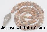 GMN4230 Hand-knotted 8mm, 10mm matte sunstone 108 beads mala necklace with pendant