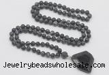 GMN4422 Hand-knotted 8mm, 10mm matte black labradorite 108 beads mala necklace with pendant