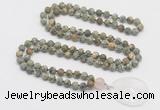 GMN4425 Hand-knotted 8mm, 10mm matte rhyolite 108 beads mala necklace with pendant