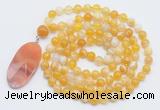 GMN4605 Hand-knotted 8mm, 10mm yellow banded agate 108 beads mala necklace with pendant