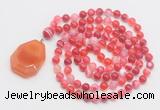 GMN4606 Hand-knotted 8mm, 10mm red banded agate 108 beads mala necklace with pendant