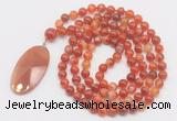 GMN4607 Hand-knotted 8mm, 10mm red banded agate 108 beads mala necklace with pendant