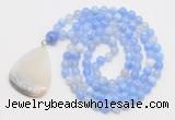 GMN4608 Hand-knotted 8mm, 10mm blue banded agate 108 beads mala necklace with pendant