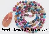 GMN4611 Hand-knotted 8mm, 10mm colorful banded agate 108 beads mala necklace with pendant