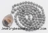 GMN4621 Hand-knotted 8mm, 10mm grey picture jasper 108 beads mala necklace with pendant