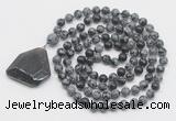 GMN4629 Hand-knotted 8mm, 10mm snowflake obsidian 108 beads mala necklace with pendant