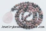 GMN4635 Hand-knotted 8mm, 10mm rhodonite 108 beads mala necklace with pendant