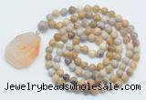 GMN4636 Hand-knotted 8mm, 10mm fossil coral 108 beads mala necklace with pendant