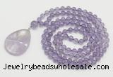 GMN4651 Hand-knotted 8mm, 10mm amethyst 108 beads mala necklace with pendant